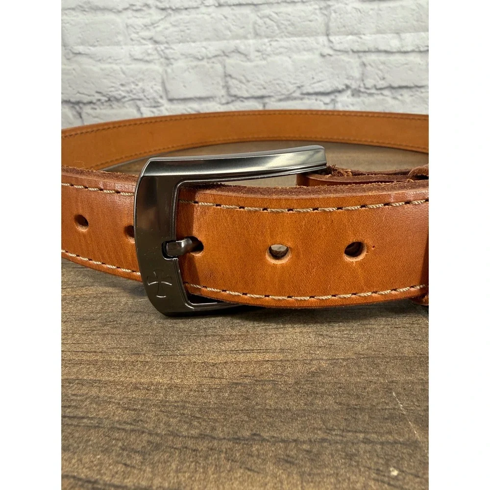 Leather Belt Brown Gunmetal Cross Buckle Casual Western Handmade Style 1.5